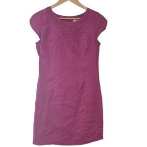 100% Linen Magenta Sheath Dress Sz L Embroidered Neckline Fully Lined Summer